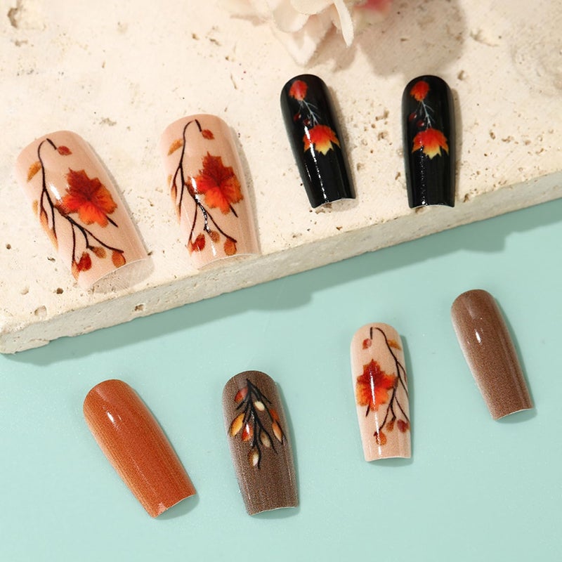 CJDLTS Thanksgiving Day Press on Nails Medium Ballet Shaped Artificial Acrylic Nail Maple Leaf Stick on Nails Full Cover Glossy Press Ons Artificial Fingernails Festival Glue on Nails for Women Manicure - Image 2